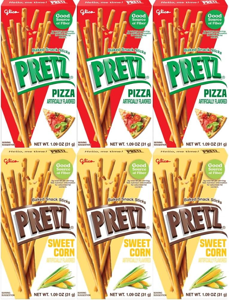Pretz Baked Snack Sticks Variety Pack, Pizza and Sweet Corn Flavors, 1.09 oz Boxes (Pack of 6) – Savory & Crunchy Biscuit Sticks, 3 Boxes Each