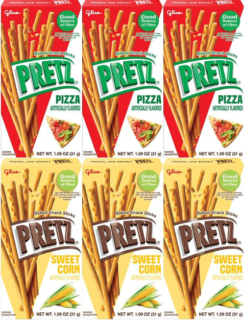 Pretz Baked Snack Sticks Variety Pack, Pizza and Sweet Corn Flavors, 1.09 oz Boxes (Pack of 6) – Savory & Crunchy Biscuit Sticks, 3 Boxes Each