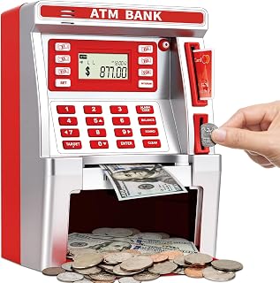 BAODLON Red Piggy Bank for Kids, ATM Machine Bank for Real Money with Debit Card, Bill Feeder, Coin Recognition, Balance Calculator, Electronic Savings Safe Box, Cool Stuff Toys Gifts for Teen Girl
