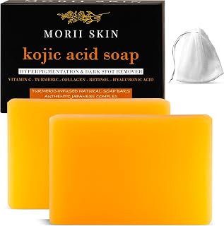 Organic Turmeric Soap Bar for Face, Kojic Acid Soap for Hyperpigmentation, Premium Japanese Formulated Kojic Soap Enriched with Vitamin C, Retinol, Collagen | 2-Bars + Mesh Net, 3.53 oz Each