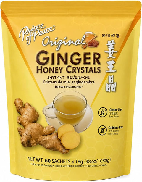 Instant Ginger Honey Crystals Family Value Pack 60 Sachets 18g per Sachets (Total 38oz/ 1080g) By Prince of Peace