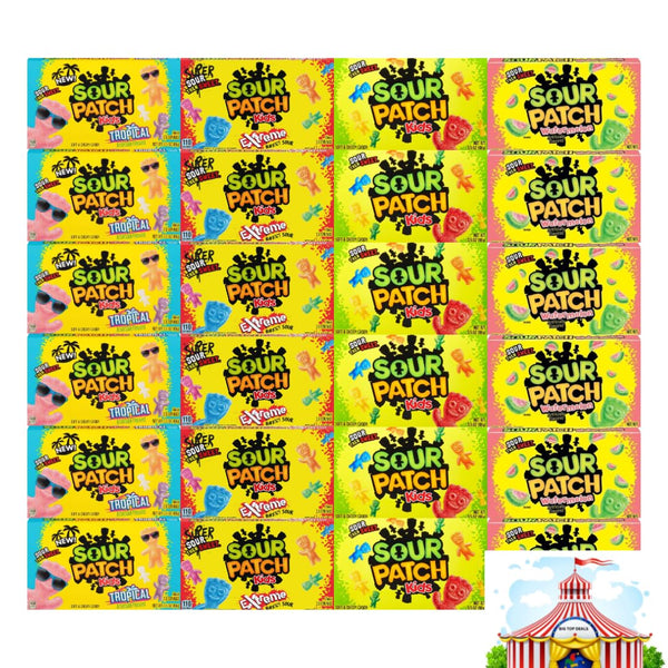 Generic Variety Pack Soft And Chewy Sour Patch Candy - 4 Flavors: Tropical, Extreme, Original, Watermelon - Theater Size Boxes, 3.5 Oz, 6 of Each Flavor, 24 Pack - Ideal For Parties and Snacks