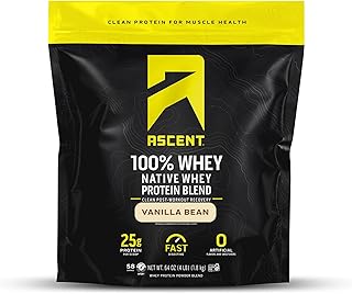 Ascent 100% Whey, Native Whey Protein Blend - Clean Post Workout Recovery, Digesting, Zero Artificial Flavors & Sweeteners, Gluten Free, 5.5g BCAA, 2.6g Leucine, Vanilla Bean 4 lb.