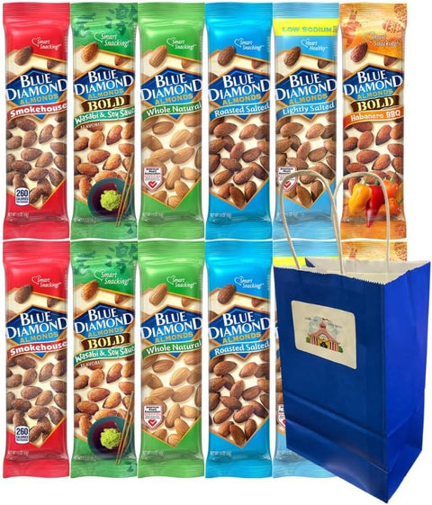 Variety Pack Diamond Almonds, 12-Pack (2 Each Flavors: Smokehouse, Wasabi & Soy Sauce, Whole Natural, Roasted Salted, Lightly Salted, Habanero BBQ), 1.5 oz Bags, Blue Paper Bag Included