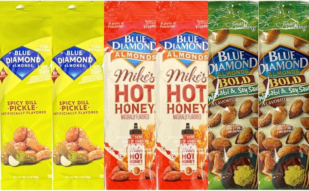 Diamond Almonds Variety Pack, Hot Honey, Spicy Dill Pickle, Wasabi & Soy Sauce, 1.5 oz Bags, 6 Count