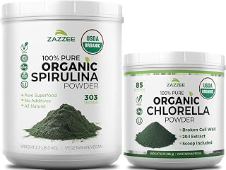Zazzee USDA Organic Spirulina and Chlorella Powder | Organic Greens Superfood Bundle with Broken Cell Wall Chlorella (6oz) Plus Raw Spirulina Algae (35oz) | Non-GMO Vegan & ISO Lab Tested
