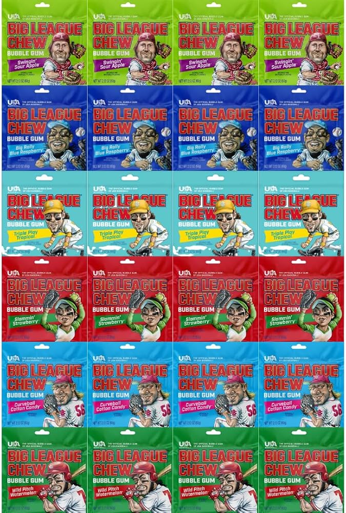 Variety Pack Big League Chew Bubble Gum, Chewy Shredded Bubble Gum, 2.12 oz Pack, Bulk 24 Count, Soft Chewing Gum for Kids and Adults, Party and Snack Candy
