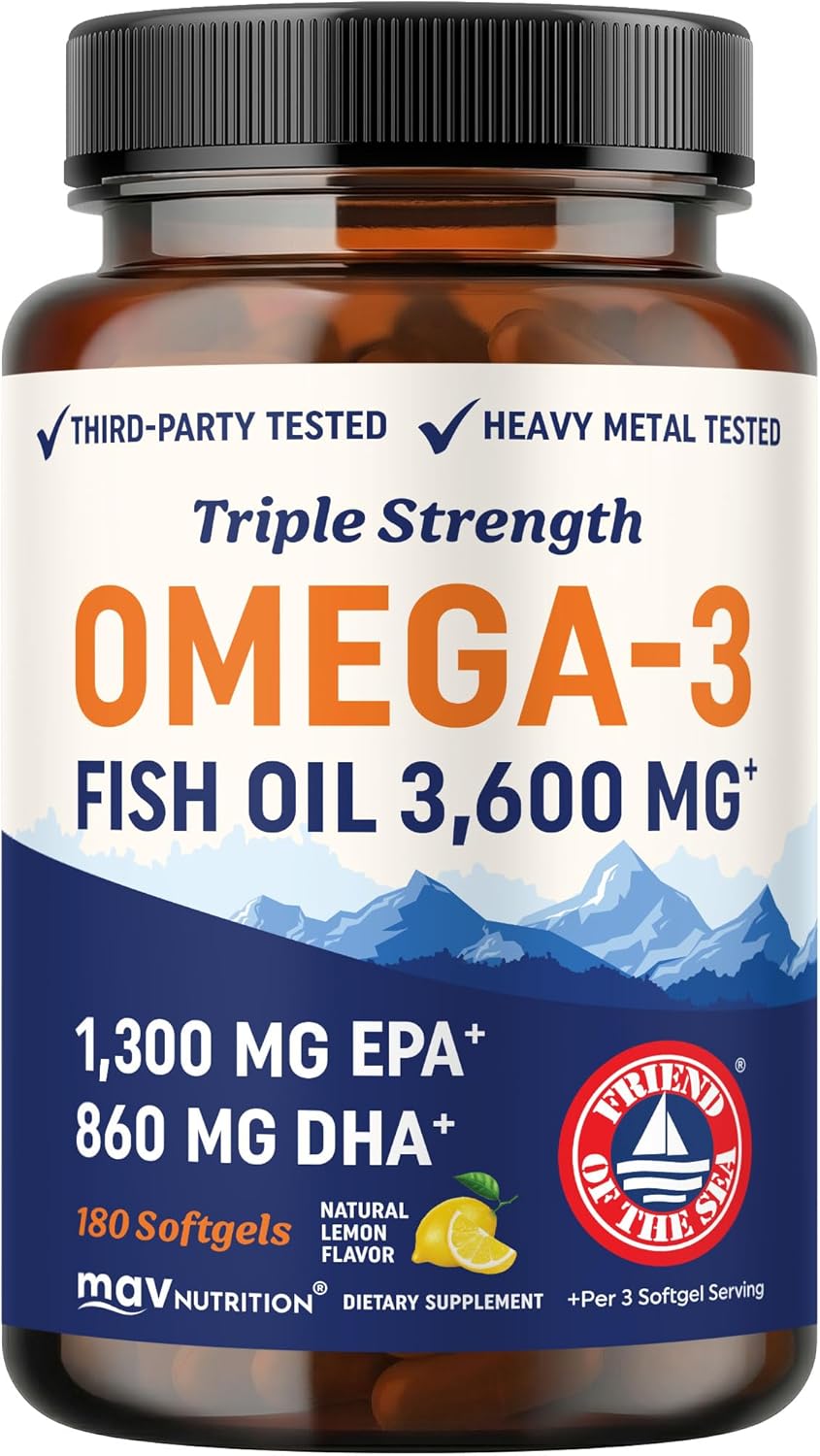Triple Strength Omega 3 Fish Oil 3600 mg, EPA & DHA, Over 2100mg Omega-3