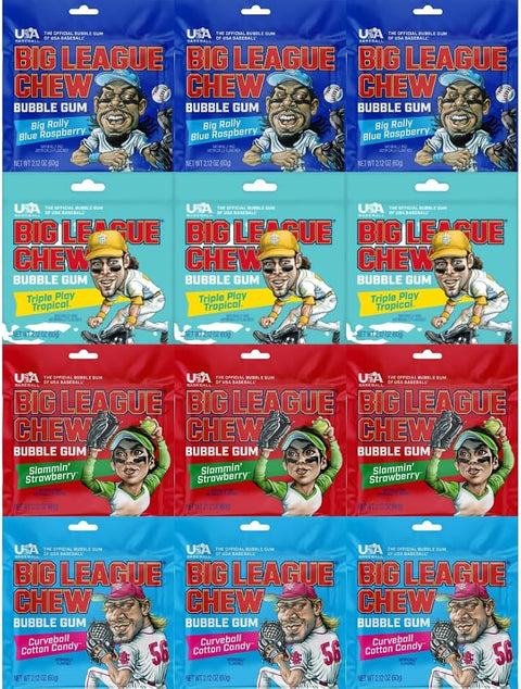 Variety Pack Big League Chew Bubble Gum, 12 Count Bulk Shredded Chewing Gum 2.12 oz Bags, Soft Chewy Candy Snack for Sports Fans, Party Treats, Kids & Adults, Classic Fun Gum