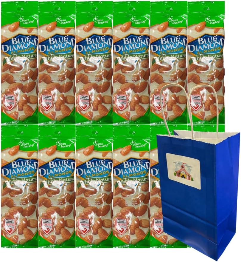 Big Top Deals USA 5.25x3.2x8 Blue Paper Bag with Diamond Almonds Whole Natural 1.5 oz 12 Pack – Gift Snack Pack with Healthy Nut Protein, Office Party Favors, Travel Snack