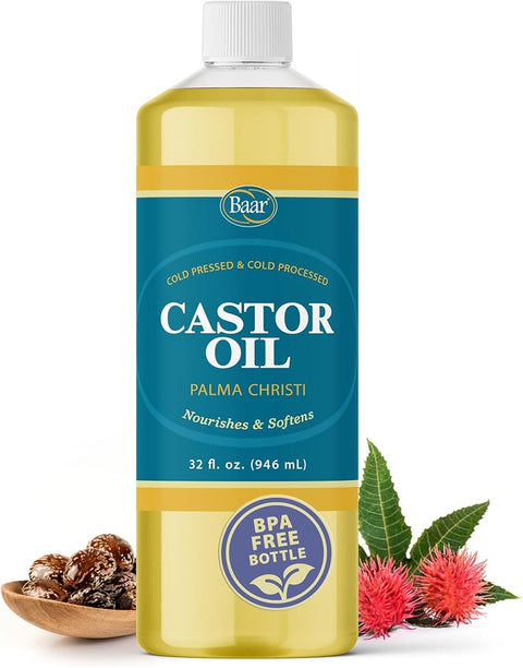 Baar Cold-Pressed Castor Oil, Cold-Processed, Hexane-Free, Palma Christi, for Skin, Hair, Massage & Castor Oil Packs, BPA-Free Bottle, 32 oz