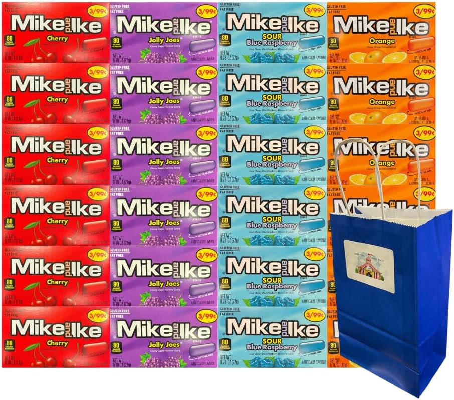 Big Top Deals USA Blue Paper Bag 5.25x3.2x8 with Assorted Mike and Ike Candy 24 Pack – 6 Each of 4 Fruit Flavors – Party Favor, Candy Bag, Gift, Event Treat, Individually Wrapped