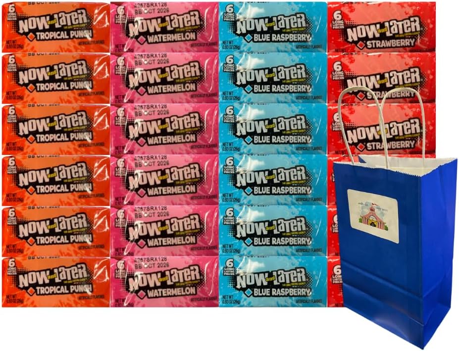 Generic Now and Later Taffy Candy, 6 Blue Raspberry, 6 Tropical, 6 Watermelon, 6 Strawberry, Candy for All Occasions - 0.93 Ounce, 24 Pack