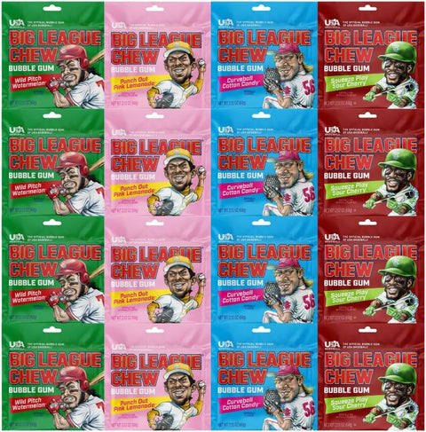 Variety Pack Big League Chew Bubble Gum, 16 Pack (2.12 oz Each) – Chewing Gum Bulk Pack for Kids & Adults, Classic Shredded Gum Style