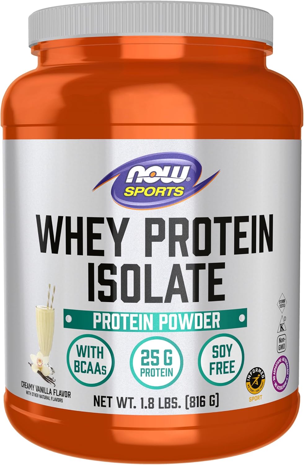 Now Sports, Whey Protein Isolate 25 g with BCAAs, Vanilla Flavor 1.8 lbs