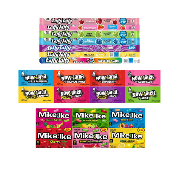 Big Top Deals Candy Mix, 6 Flavor Mike And Ike, 8 Flavor Now And Later, 7 Flavor Laffy Taffy - Chewy Treats & Sour Candy - Perfect For Party, Snacking, And Sharing, 1 Each Flavor, 21 Packapped, 1 Each