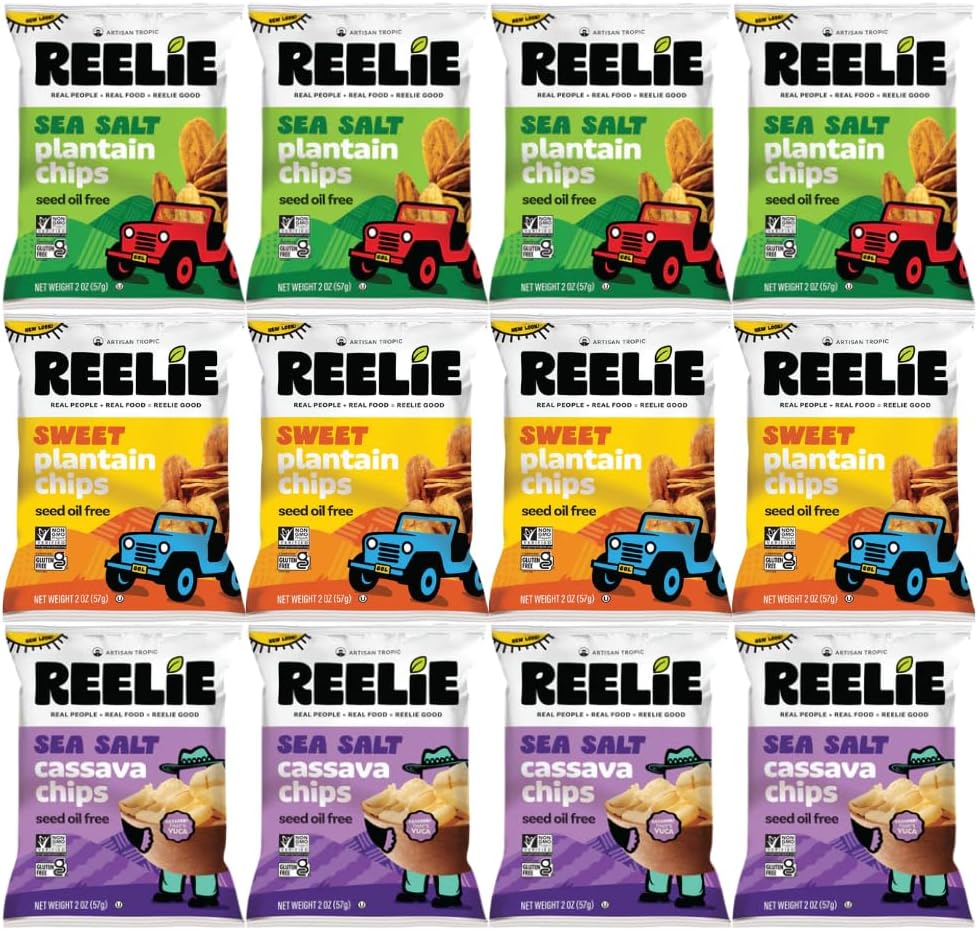 Variety Pack Reelie Chips – Sea Salt Plantain, Sweet Plantain, Sea Salt Cassava – 4 Each Flavor, 2 oz Bags, 12 Pack Crispy Crunchy Snack Chips