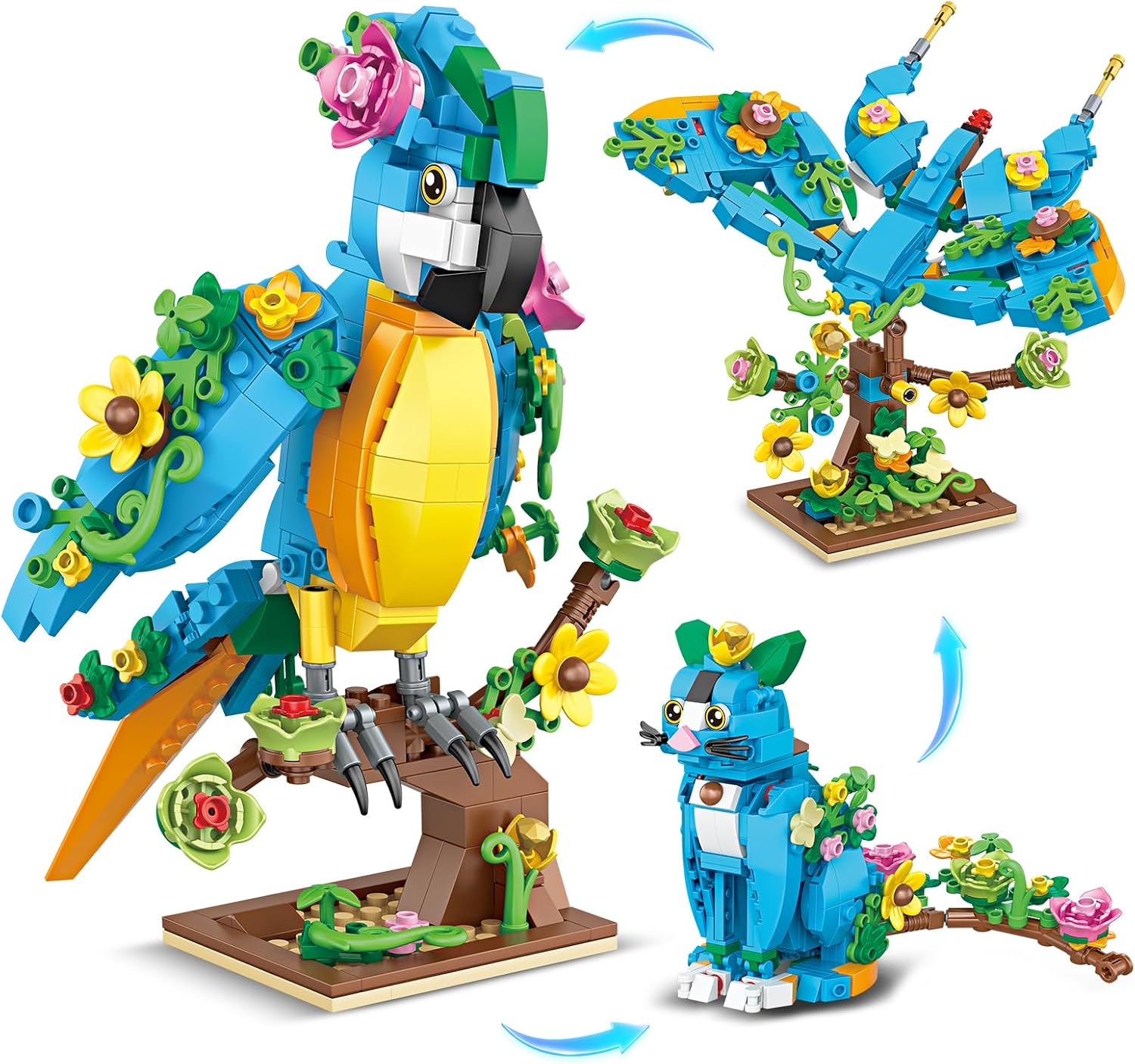 3-in-1 Flower Animal Parrot Cat Butterfly Building Block Set