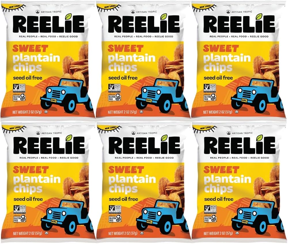 Sweet Plantain Chips Reelie, Crispy Tropical Snack, Naturally Sweet Plantain Chips, Gluten Free Snack, 2 Oz Bags, 6 Pack
