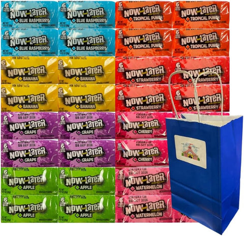 Variety Pack Now and Later Candy – 32 Individually Wrapped Pieces, 8 Flavors, 0.93 oz Each – Long Lasting Chews, Assorted Fruity Flavors – Blue Treat Bag – Party, Snack, Travel