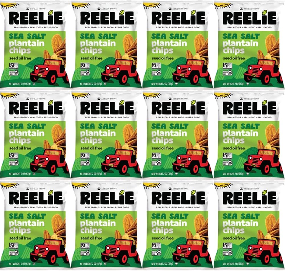 Sea Salt Plantain Chips Reelie, 2 oz (12 Pack), Crispy Gluten Free, Healthy Crunchy Snack Chips, Non-GMO Multipack for Snacking