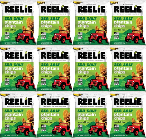 Sea Salt Plantain Chips Reelie, 2 oz (12 Pack), Crispy Gluten Free, Healthy Crunchy Snack Chips, Non-GMO Multipack for Snacking