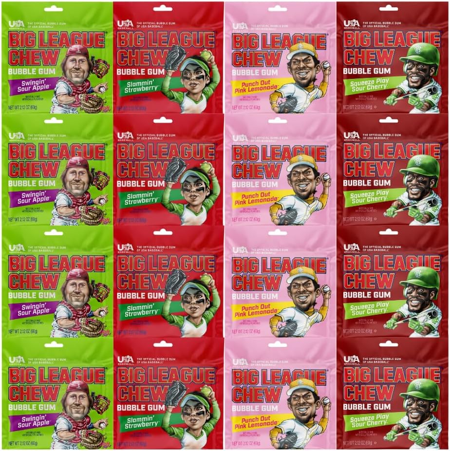 Variety Pack Big League Chew Bubble Gum, Chewy Gum Pouches, Classic Fun Chewing Gum Candy Snack, 16 Count (2.12 oz Each), Bulk Pack for Sharing and Parties