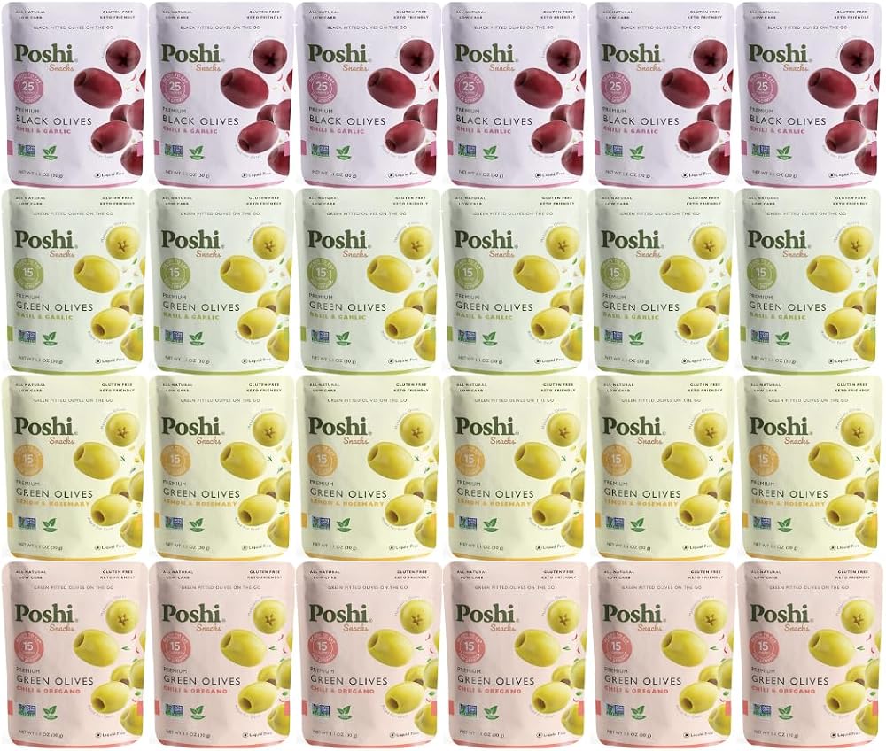 Variety Pack Green & Black Olives – 24 Count 1.1oz Packs – Kalamata & Manzanilla Olives – Lemon & Rosemary, Chili & Oregano, Chili & Garlic, Basil & Garlic – Healthy Keto Snack, Gluten Free