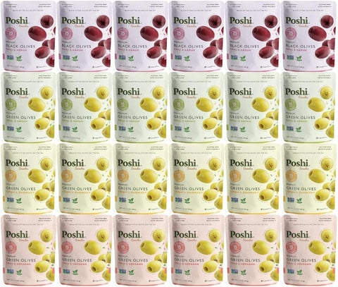 Variety Pack Green & Black Olives – 24 Count 1.1oz Packs – Kalamata & Manzanilla Olives – Lemon & Rosemary, Chili & Oregano, Chili & Garlic, Basil & Garlic – Healthy Keto Snack, Gluten Free
