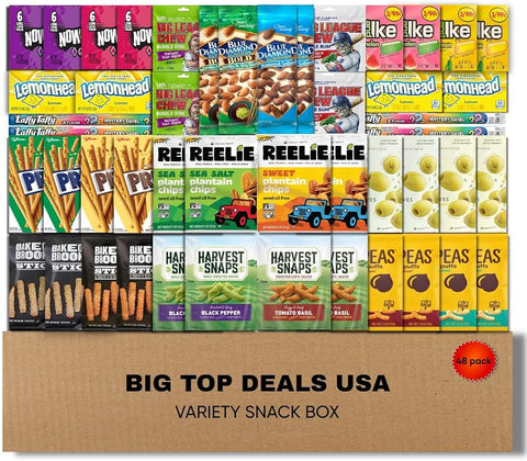 BIG TOP DEALS USA Variety Snack Box, 48 Count Candy, Chips & Snack Assortment, Party Favor Box, Care Package for Office, College, Military, Birthdays & Gift Giving