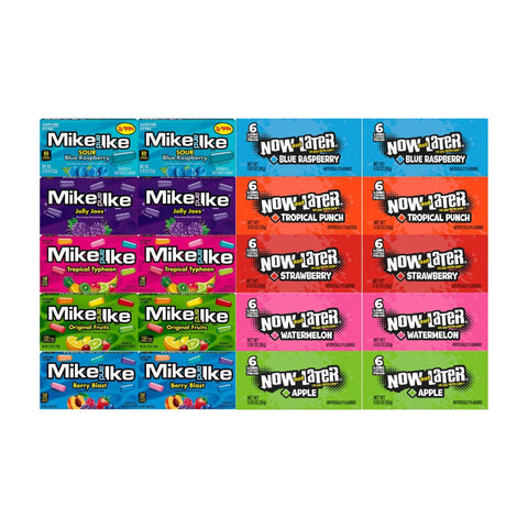 Assorted Candy Mix Variety Pack – 5 Flavors of Mike and Ike & 5 Flavors of Now and Later – 2 Each Flavor – Bulk Candy for Parties, Snacks, Office, Gift Bags – Individually Wrapped – 20 Pack