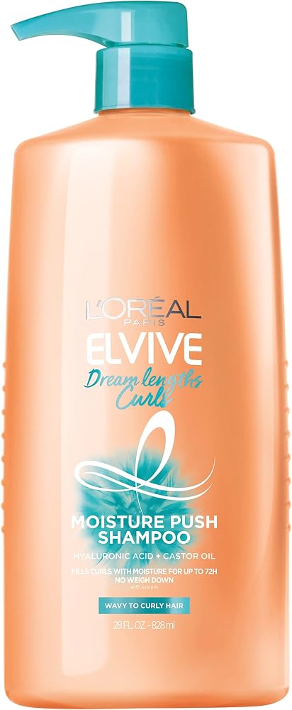 L'Oreal Paris Elvive Dream Lengths Curls Moisture Push Shampoo, Paraben-Free with Hyaluronic Acid and Castor Oil. Best for wavy hair to curly hair, 28 fl oz