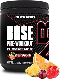 NutraBio Base Pre-Workout Powder 200mg Caffiene, Sustained Energy, Focus, Endurance, Pump, Sugar Free, Clean Preworkout for Men and Women - Beta Alanine, L-Tyrosine, 30 Servings - Fruit Punch