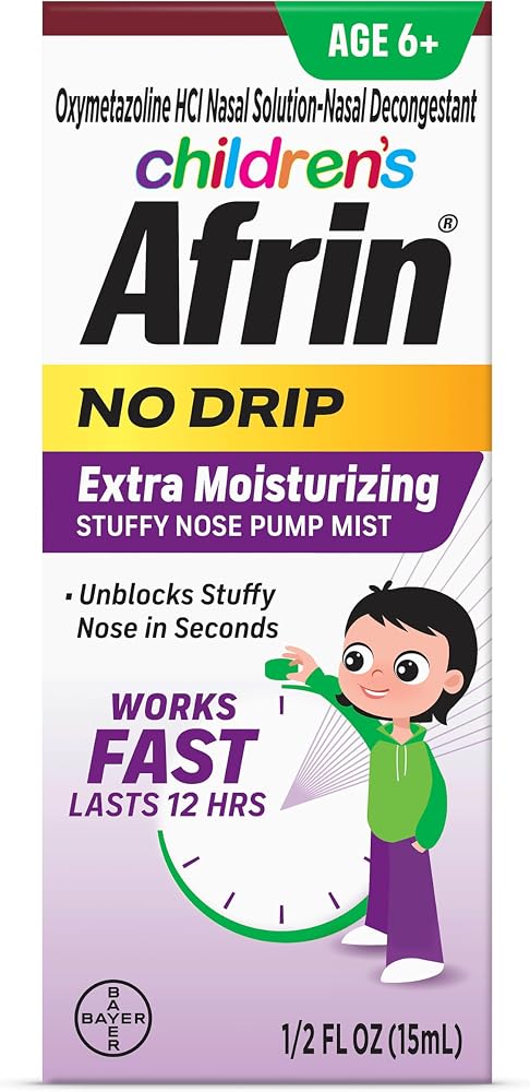 Afrin Childrens, Extra Moisturizing Stuffy Kids Nasal Spray Pump Mist, Up to 12 Hour Nasal Congestion Relief for Cold or Allergy Symptoms, for Children Ages 6 & Up, 15 mL