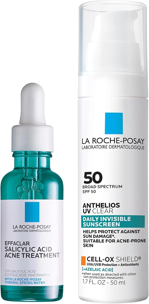 Bundle of La Roche-Posay Effaclar Salicylic Acid Treatment to Minimize Pores, Clear Acne Blemishes and Post Acne Marks + Anthelios UV Clear Sunscreen SPF 50, Daily Sunscreen for Face with Azelaic Acid