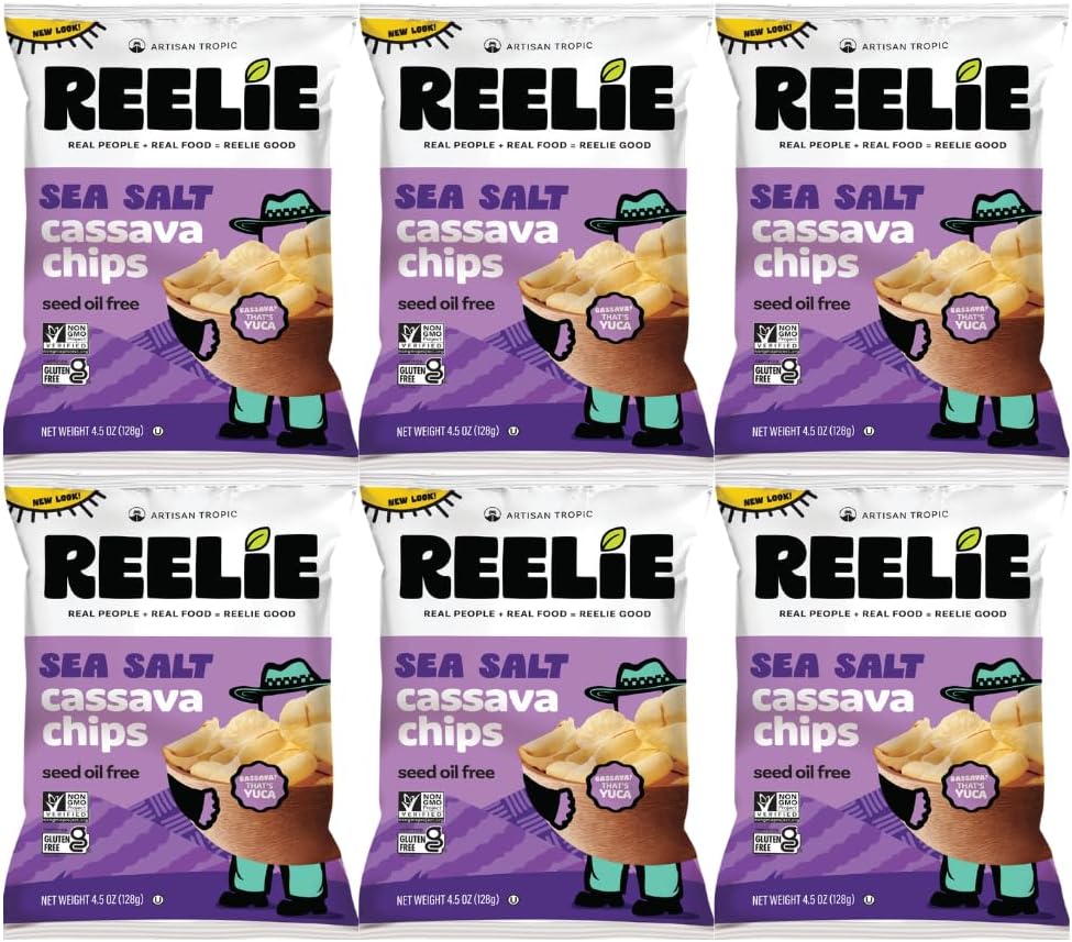 Sea Salt Cassava Chips Reelie 4.5 oz (6 Pack) – Crispy Cassava Chips, Gluten-Free Snack Chips, Non-GMO Snack for Everyday Snacking