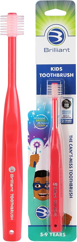 Brilliant Oral Care Kids Toothbrush with Soft Bristles and Round Head, for a Child Approved, Easy to Use All-Around Clean Mouth, Ages 5-9 Years, Red, 1 Pack