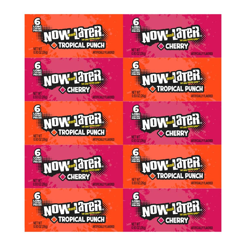 Variety Pack Now and Later Candy – 10 Individually Wrapped Pieces – 5 Each Cherry and Tropical Punch – Long-Lasting Chewy Candy – 0.93 oz Per Pack – Perfect for Snacking and Sharing
