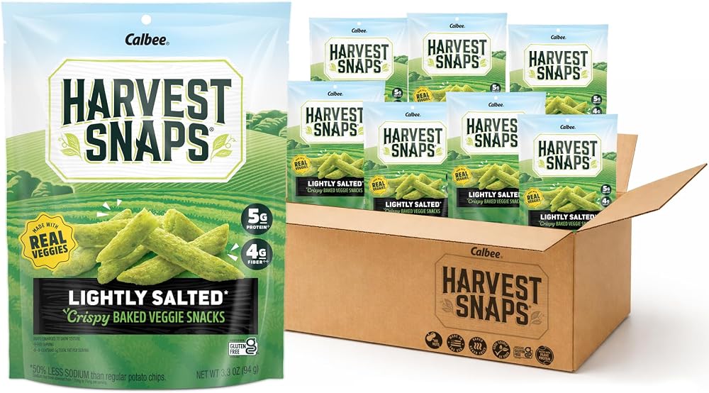 Harvest Snaps Veggie Chips (Lightly Salted Snack Crisps) | Powered by Plant Protein, Gluten Free Baked Vegetable Crisps | Made in USA (8 Snack Packs)