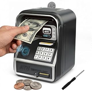 Piggy Bank for Kids Electronic ATM with Password Fingerprint Unlock - Black