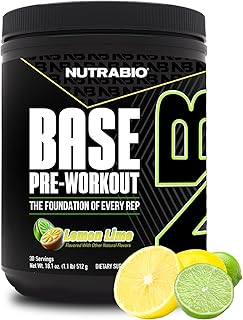 NutraBio Base Pre-Workout Powder 200mg Caffeine, Sustained Energy, Focus, Endurance, Pump, Sugar Free, Clean Preworkout for Men and Women - Beta Alanine, L-Tyrosine, 30 Servings - Lemon Lime
