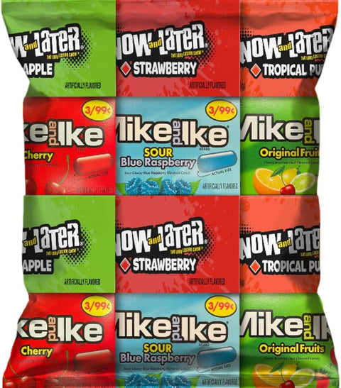 Assorted Candy Mix Variety Pack 12ct – Mike and Ike & Now and Later Fruity Candies in 6 Flavors, Individual Snack Packs with Blue Paper Bags, Great for Parties, Sharing & Gifts