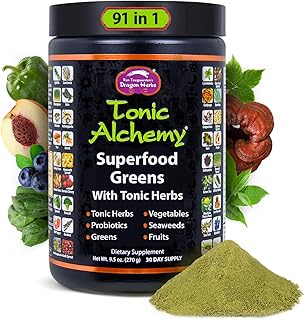 Dragon Herbs Tonic Alchemy Superfood Greens Powder with 91 Ingredients: Tonic Herbs, Ashwagandha, Mushrooms, Probiotics, Super Greens, Seaweeds, Fruits, Vegetables, Spirulina - 30 Servings