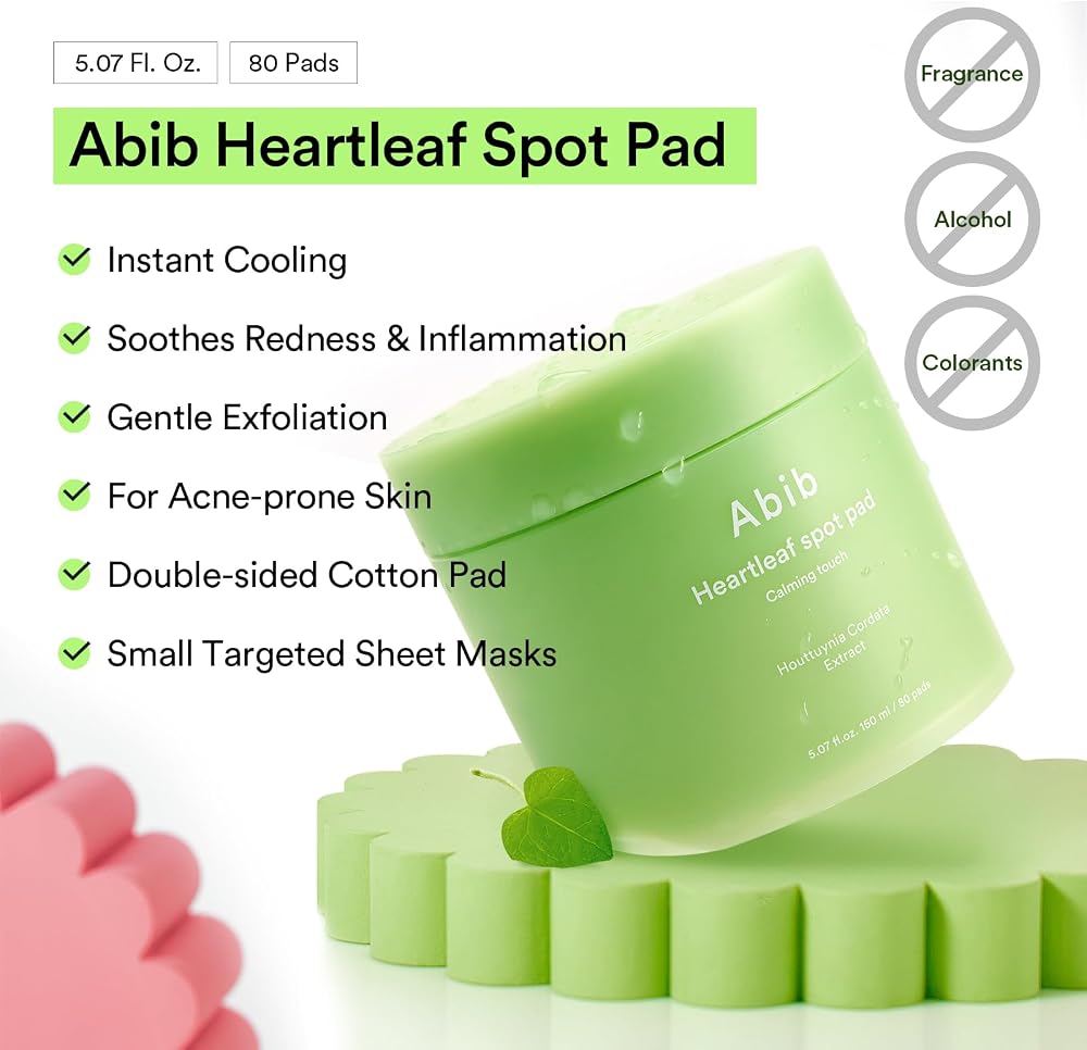 Abib Heartleaf Spot Pad Calming Touch 80pads 5.07 fl.oz. | Korean Acne Soothing Toner Pads for Face, Cleansing, Disposable, Exfoliant, Skin Care (Non-refillable)