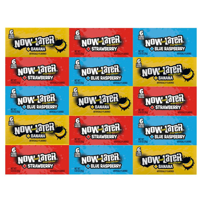 Variety Pack Candy Now and Later, 15 Individually Wrapped Pieces, Includes 5 Blue Raspberry, 5 Banana, and 5 Strawberry Flavors, 0.93 oz Each, Long-Lasting Chewy Taffy, Great for Parties or On-the-Go