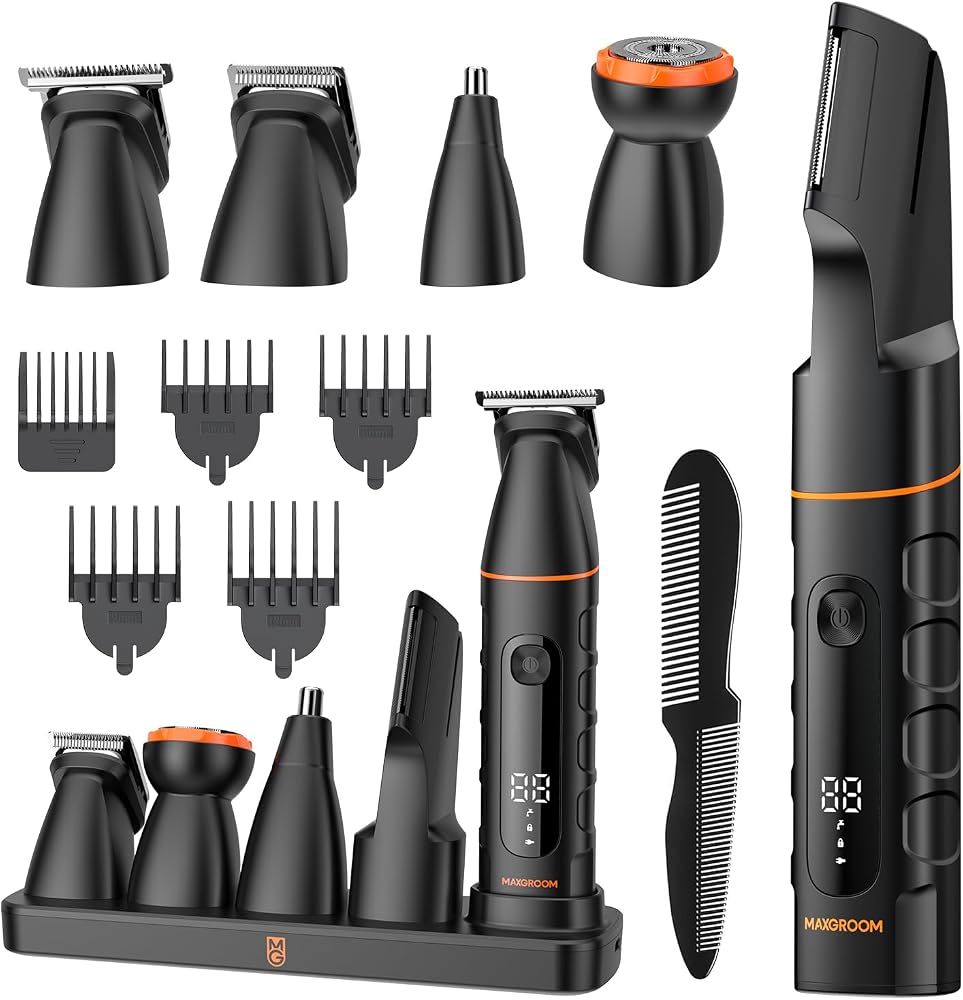 MAXGROOM Manscape All-in-One Body & Pubic Hair Trimmer for Men, No-Nick Groin & Ball Shaver, Waterproof Mens Electric Grooming Kit with LED Display, USB Rechargeable (Grey)