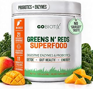 GOBIOTIX Super Greens Powder with Beet Root, Spirulina, Moringa & Chlorella – Probiotics, Enzymes & 21 Superfoods – Zero Sugar, Vegan, Non-GMO – 30 Servings (Mango)