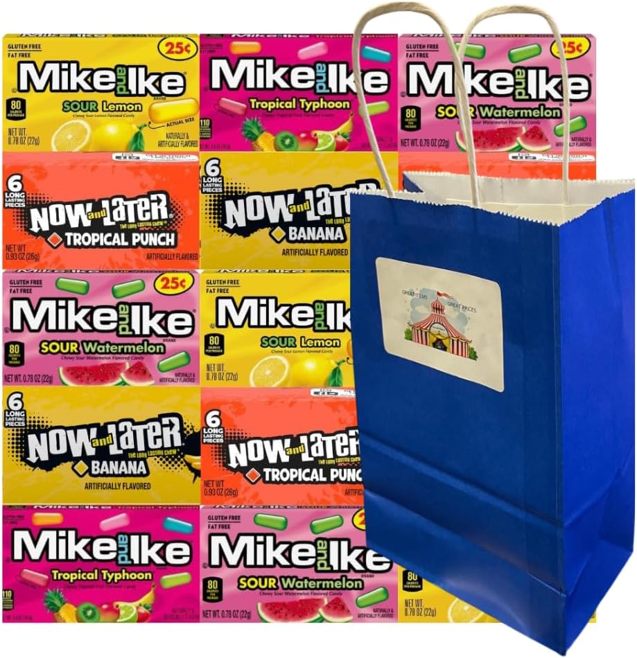 Assorted Candy Mix 15-Pack - Mike and Ike & Now and Later, 3 Each Flavor - Sour Watermelon, Tropical Punch, Sour Lemon, Banana, Tropical Typhoon - Individually Wrapped with Blue Paper Bag 5.25x3.2x8 Inch