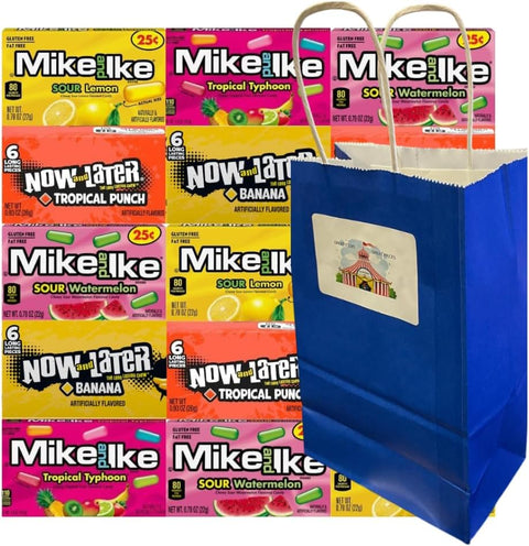 Assorted Candy Mix 15-Pack - Mike and Ike & Now and Later, 3 Each Flavor - Sour Watermelon, Tropical Punch, Sour Lemon, Banana, Tropical Typhoon - Individually Wrapped with Blue Paper Bag 5.25x3.2x8 Inch