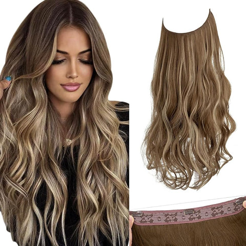 SARLA Invisible Wire Hair Extensions with 3 Clips Long Synthetic Wavy Curly Hairpiece Adjustable Transparent Headband for Women 18 Inch Chestnut Brown
